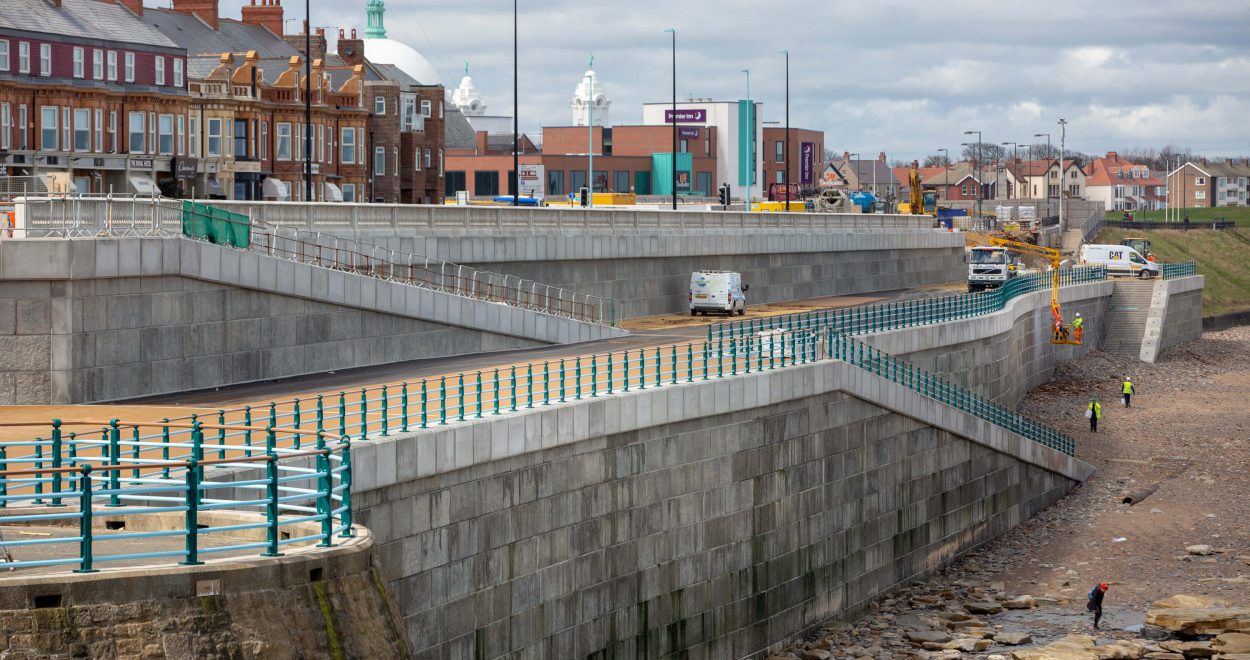 Completed Poundfield Precast sea defence wall at Whitley Bay