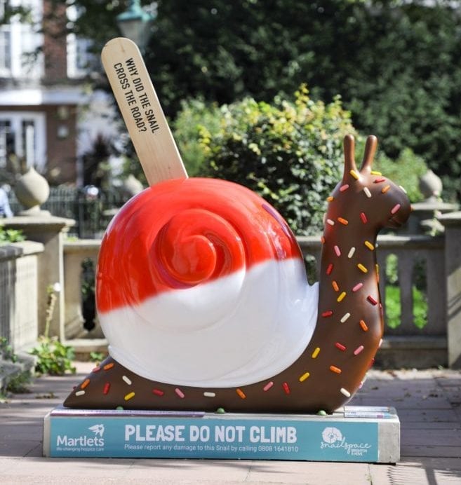 Ice cream themed snail with concrete plinth at Snailspace, Brighton